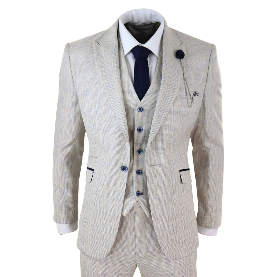 Effortless Comfort Caridi - Men's 3 Piece Suit Tweed Cream Black Wedding Classic