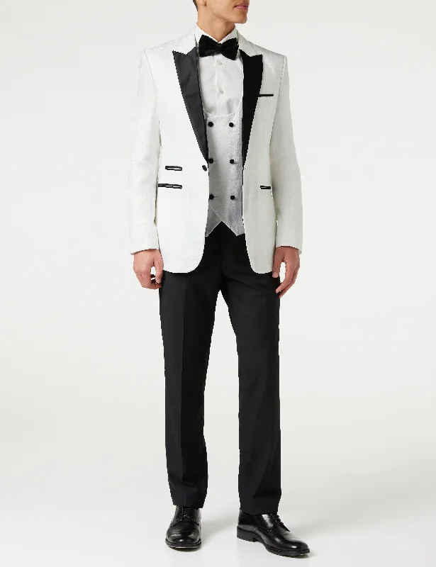 Trendy Comfort BRIAN - Floral Jacquard Print White Tuxedo Jacket With Waistcoat