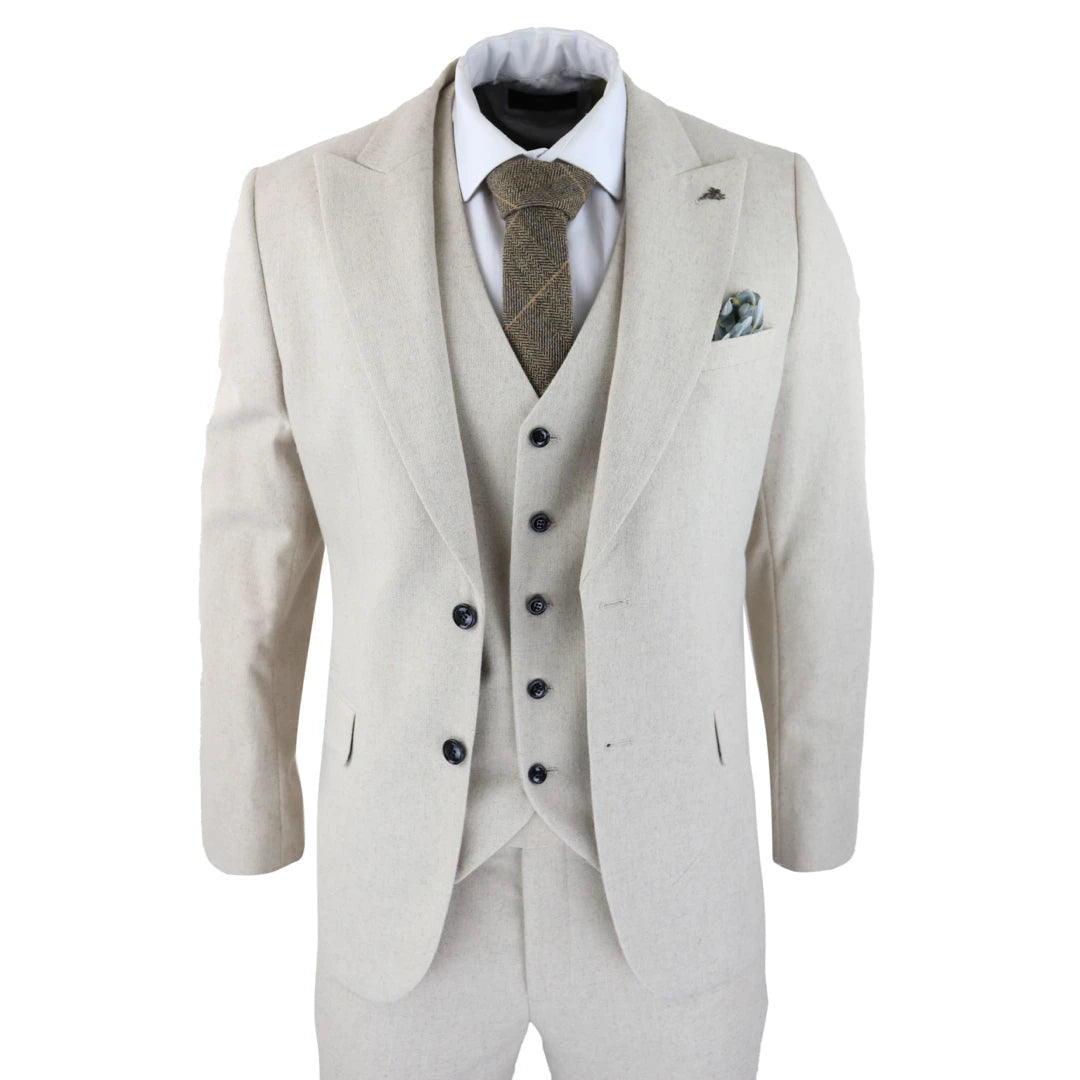 Relaxed Fit 57299-Ralph - Men's Wool 3 Piece Cream Beige Suit Classic Wedding Party 1920s